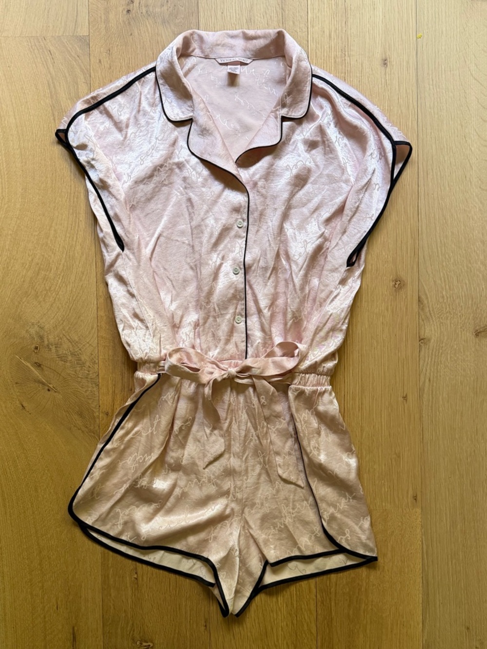 Victoria’s Secret Satin Romper XL Pink Script Logo Sleepwear Pajama Short Sleeve